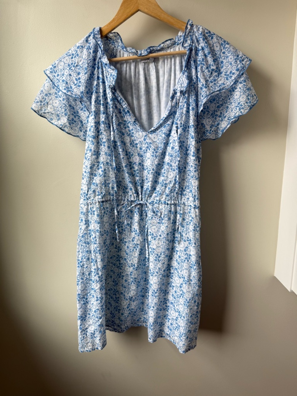OLIVIA JAMES Blue Floral‎ Mini Dress Tinsley Ruffle Resort Cotton Pockets S